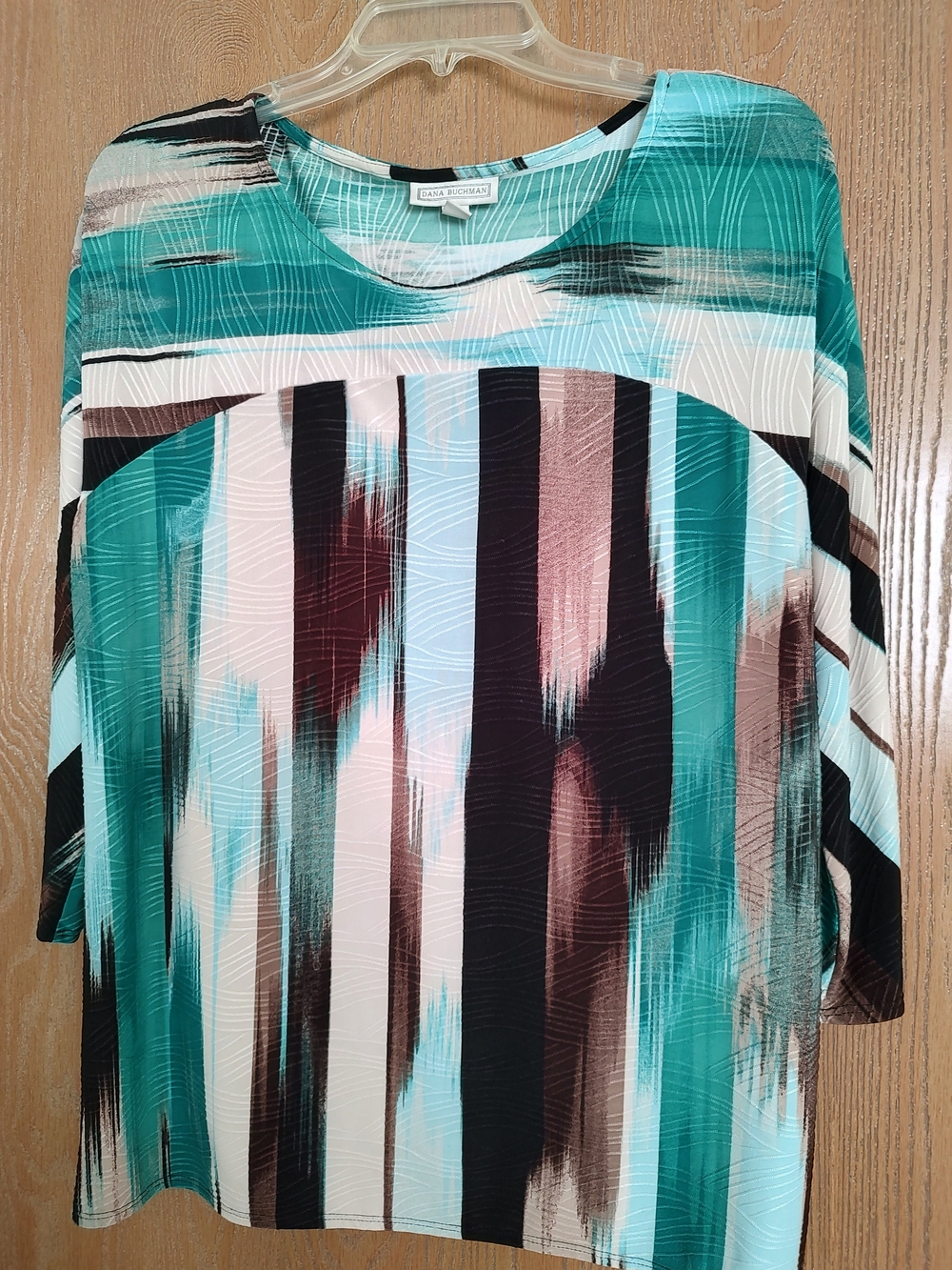 Dana Buchman Teal, Black & Cream Abstract Stripe Tunic